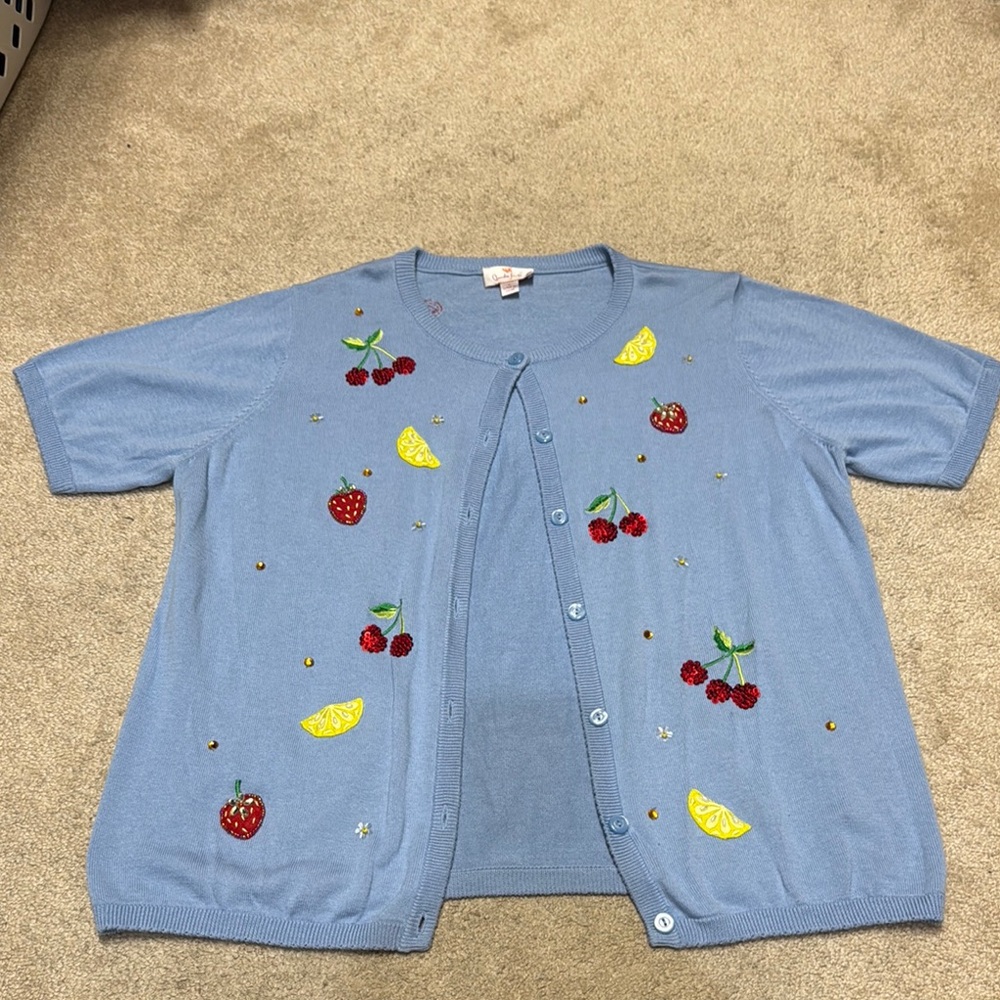 Blue Fruit Embroidered Cardigan